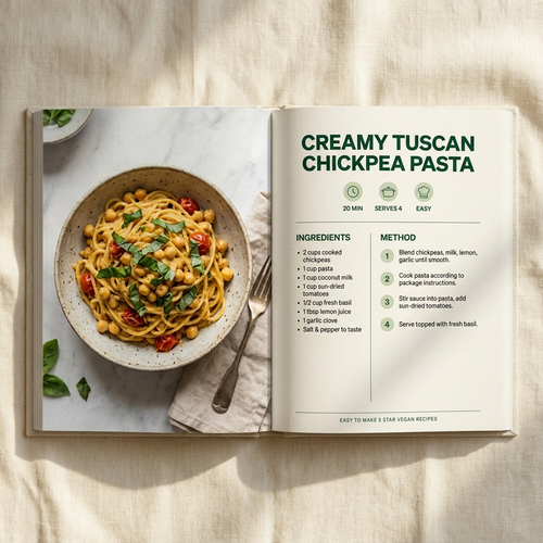 Inside the cookbook — Creamy Tuscan Chickpea Pasta recipe page with ingredients list, 4 numbered steps, 20 minute cook time, serves 4, easy difficulty