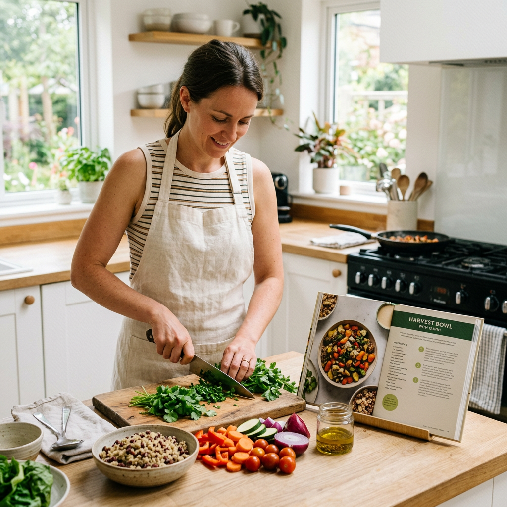Home cook chopping fresh herbs in a bright kitchen with Easy To Make 5 Star Vegan Recipes open on a stand beside her