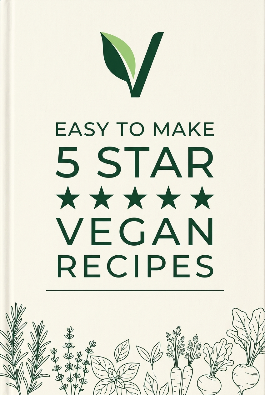 Easy To Make 5 Star Vegan Recipes cookbook front cover — cream hardcover with green leaf-V logo and botanical illustration