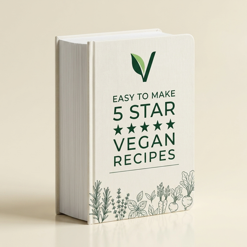 Easy To Make 5 Star Vegan Recipes printed hardcover cookbook standing upright, showing the cream cover and thick page block