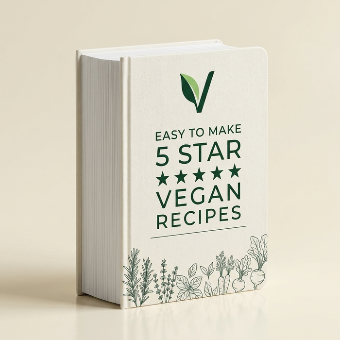 Easy To Make 5 Star Vegan Recipes printed hardcover cookbook standing upright, showing the cream cover and thick page block