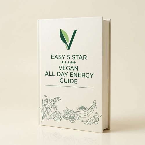 Easy 5 Star Vegan All Day Energy Guide printed hardcover standing upright, showing the cream cover and thick page block