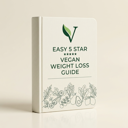 Easy 5 Star Vegan Weight Loss Guide printed hardcover standing upright, showing the cream cover and thick page block