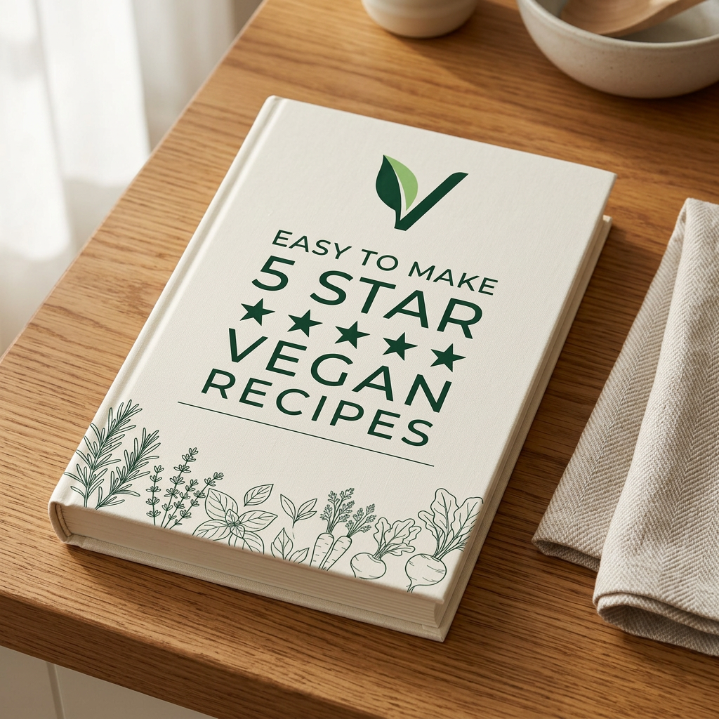 The printed Easy To Make 5 Star Vegan Recipes hardcover lying flat on a wooden kitchen counter, shown from above