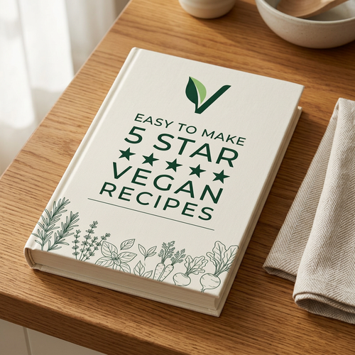 The printed Easy To Make 5 Star Vegan Recipes hardcover lying flat on a wooden kitchen counter, shown from above